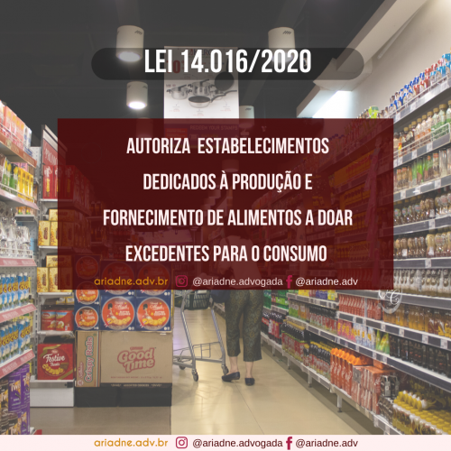 Descrição da imagem: Imagem de fundo de um corredor de supermercado. Texto: Lei 14.016/2020. Autoriza estabelecimentos dedicados à produção e fornecimento de alimentos a doar excedentes para o consumo.